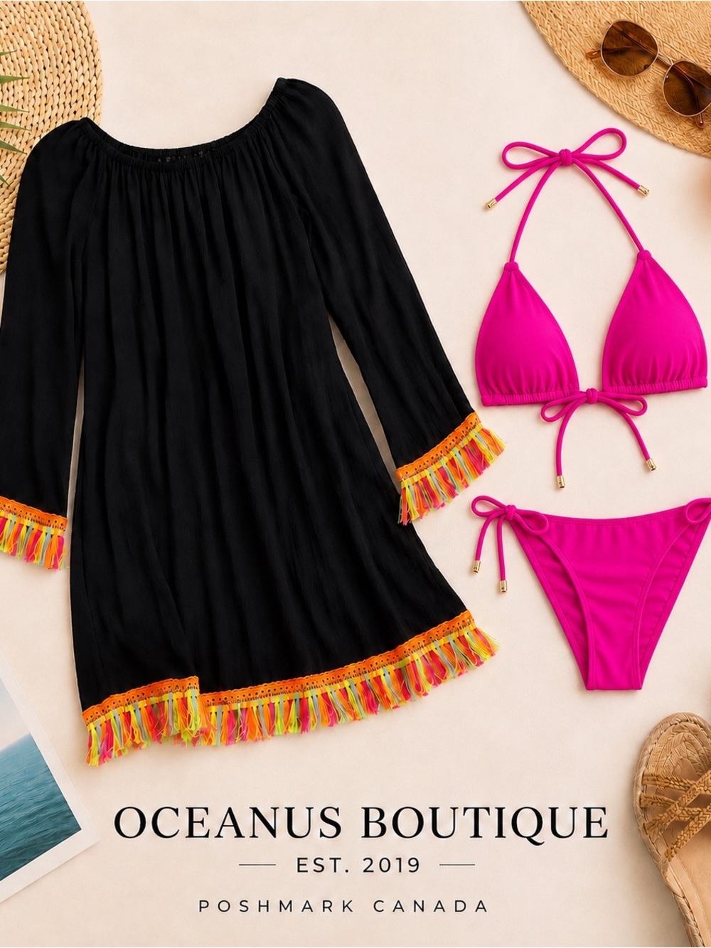 Black Tassel Trim Beach Cover-Up Dress M ptp 20” l 33”